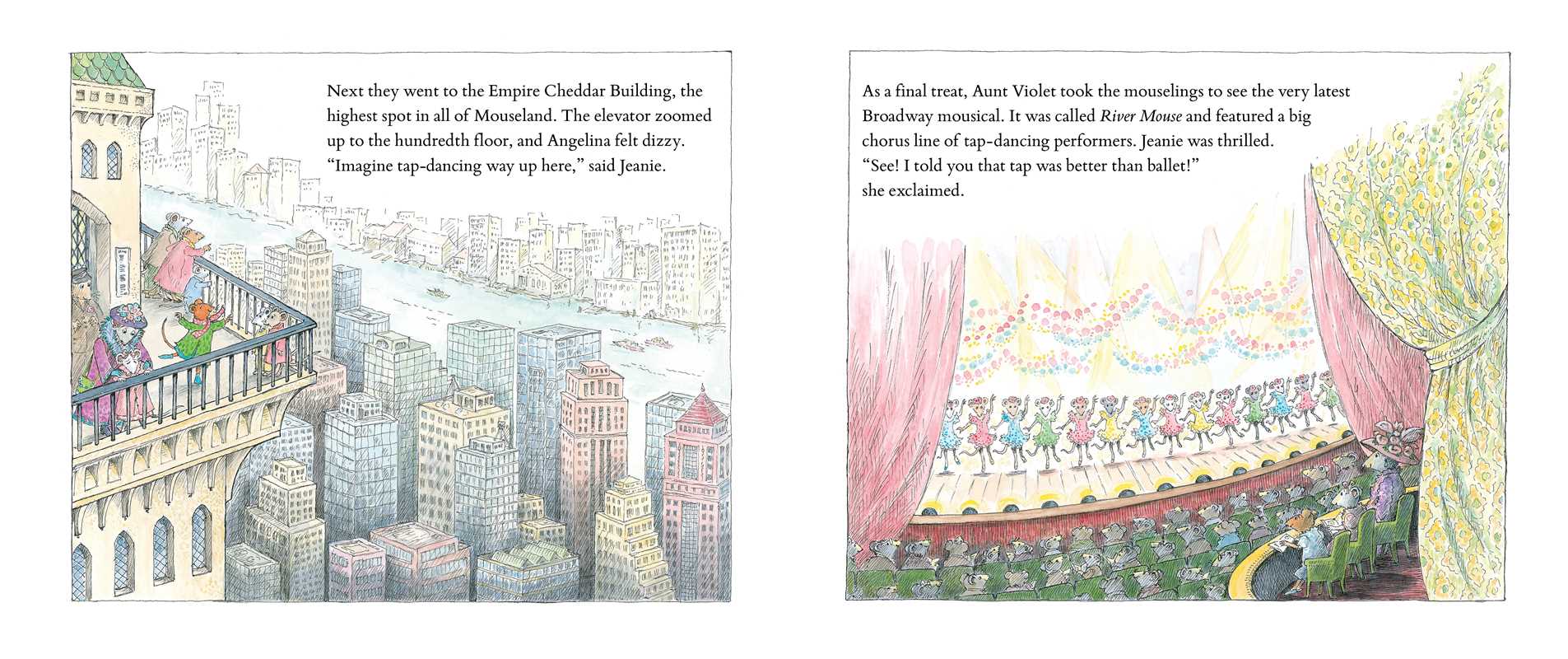 Illustrated book pages with a cityscape and theater interior.