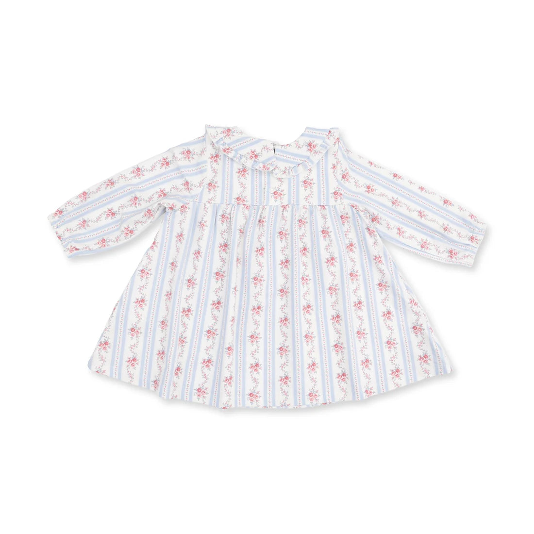A long-sleeve baby dress with a white base, featuring vertical light blue stripes and vertical columns of small pink floral motifs, laid flat on a white background.