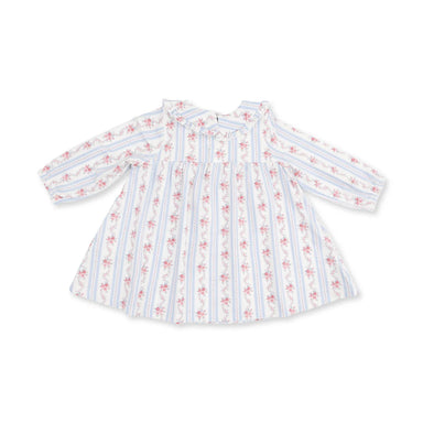 A long-sleeve baby dress with a white base, featuring vertical light blue stripes and vertical columns of small pink floral motifs, laid flat on a white background.