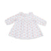 A long-sleeve baby dress with a white base, featuring vertical light blue stripes and vertical columns of small pink floral motifs, laid flat on a white background.