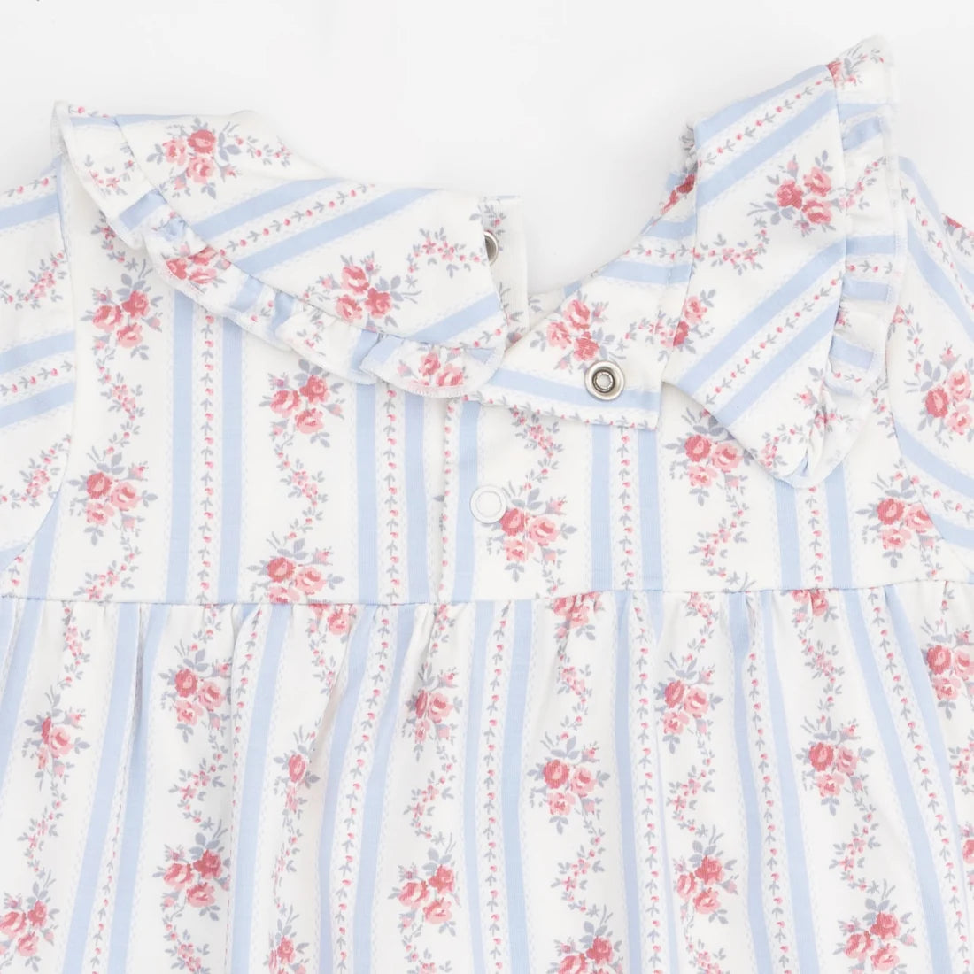 A close-up of a children's dress featuring a white base with light blue vertical stripes and a pink floral print, complete with a ruffled collar and snap buttons.