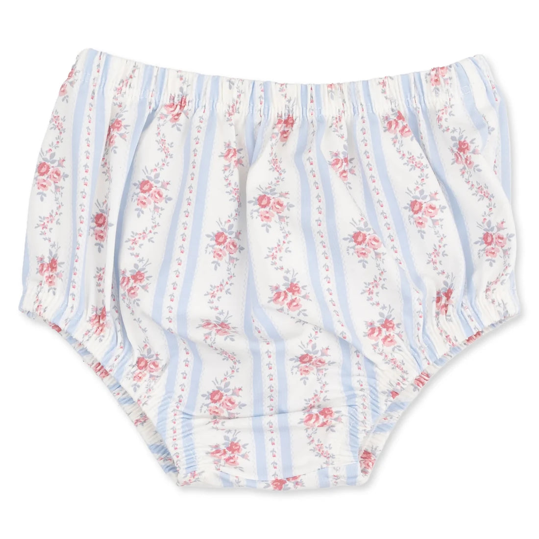 A pair of baby bloomers with a white background, light blue vertical stripes, and a pink floral pattern, shown flat against a white background.