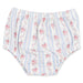 A pair of baby bloomers with a white background, light blue vertical stripes, and a pink floral pattern, shown flat against a white background.