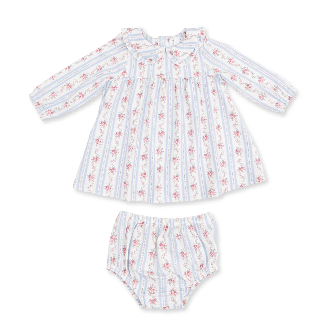 A baby girl's two-piece outfit set consisting of a long-sleeve ruffle-neck dress and matching bloomers, both featuring vertical light blue and white stripes with small pink floral motifs, laid flat on a white background.