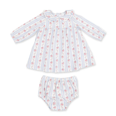 A baby girl's two-piece outfit set consisting of a long-sleeve ruffle-neck dress and matching bloomers, both featuring vertical light blue and white stripes with small pink floral motifs, laid flat on a white background.
