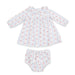 A baby girl's two-piece outfit set consisting of a long-sleeve ruffle-neck dress and matching bloomers, both featuring vertical light blue and white stripes with small pink floral motifs, laid flat on a white background.