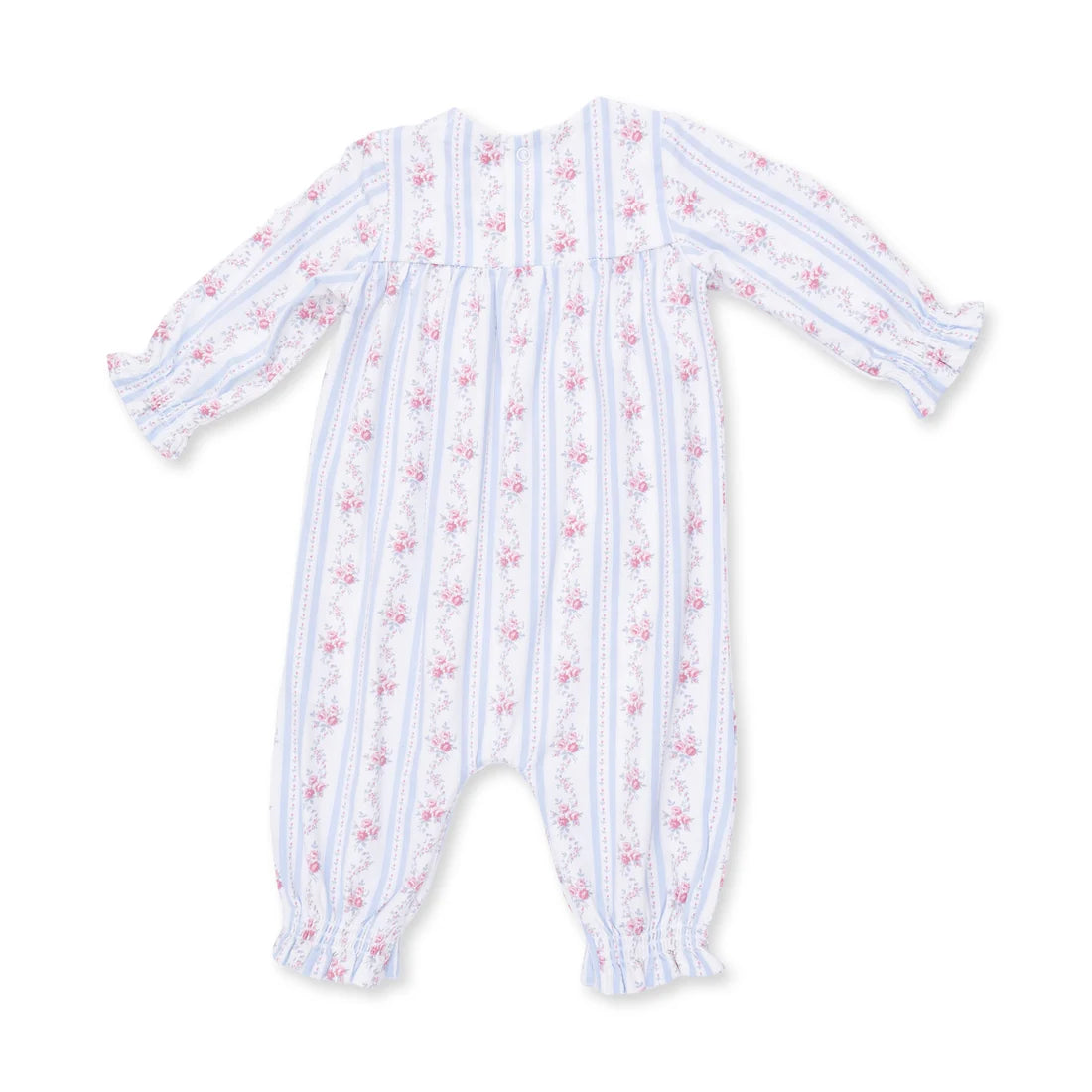 A smocked baby long-sleeve romper in white, featuring light blue vertical stripes and delicate pink floral patterns, shown on a plain white background.