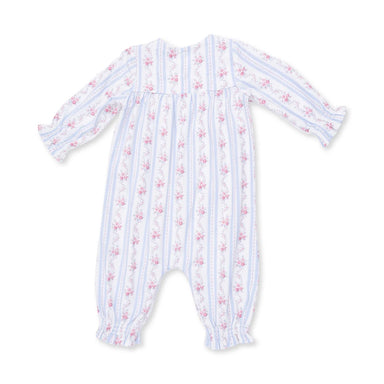 A smocked baby long-sleeve romper in white, featuring light blue vertical stripes and delicate pink floral patterns, shown on a plain white background.