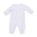 A smocked baby long-sleeve romper in white, featuring light blue vertical stripes and delicate pink floral patterns, shown on a plain white background.