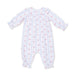 Smocked baby romper with floral pattern on a white background 