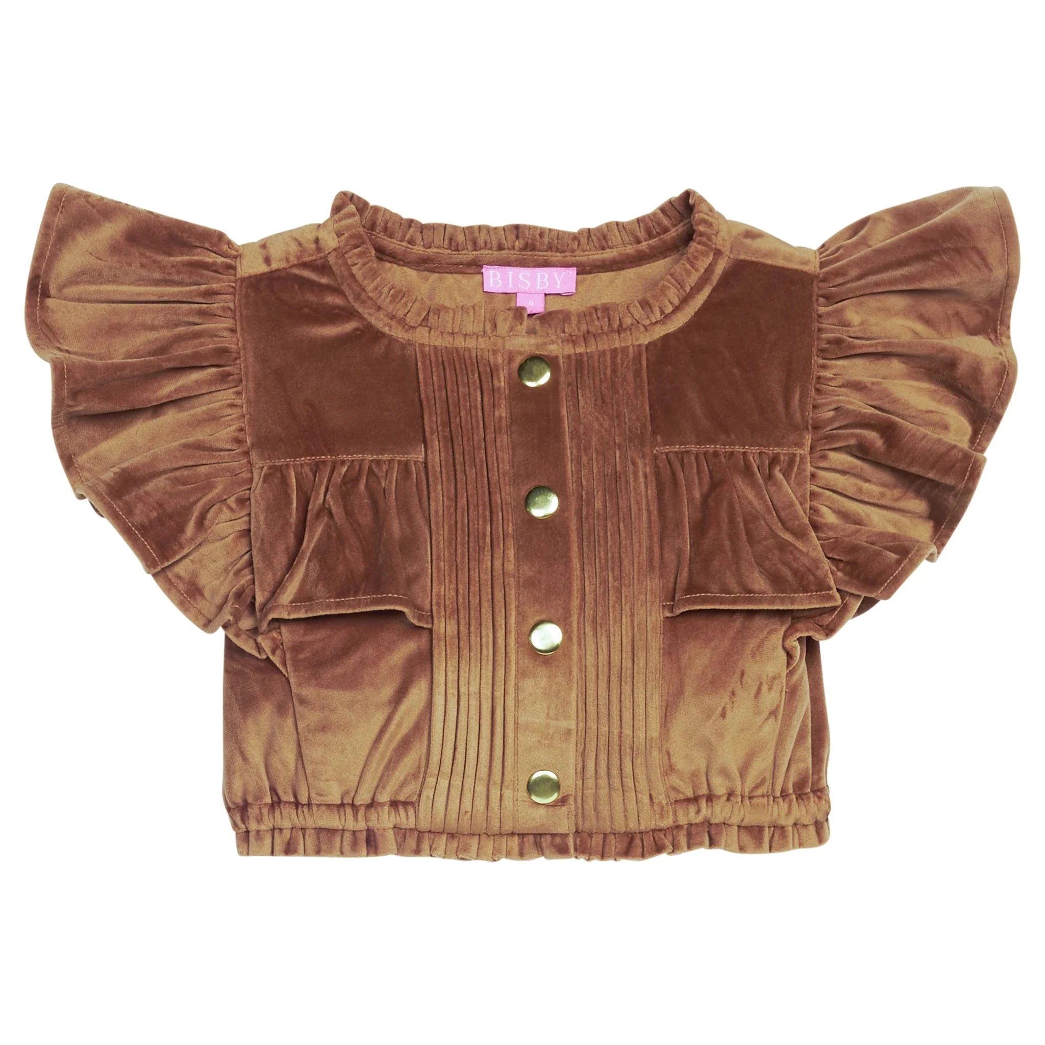 A brown velvet cropped jacket with ruffled short sleeves, vertical pleated front panels, and gold-tone buttons, shown flat on a white background.