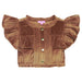A brown velvet cropped jacket with ruffled short sleeves, vertical pleated front panels, and gold-tone buttons, shown flat on a white background.