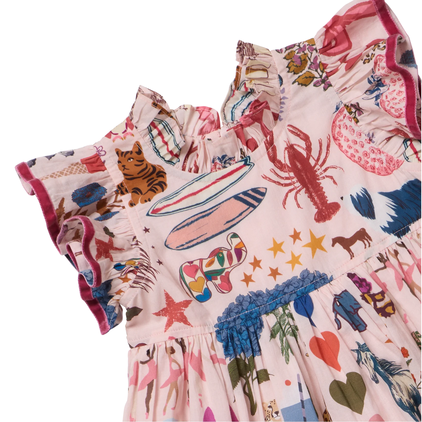 A close-up of a children's dress with a light pink base and a colorful all-over print featuring sea creatures, surfboards, stars, and animals. The dress has ruffled trim and is shown against a plain white background.