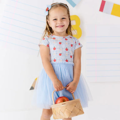 Blue gingham dress with apples on top and tutu skirt