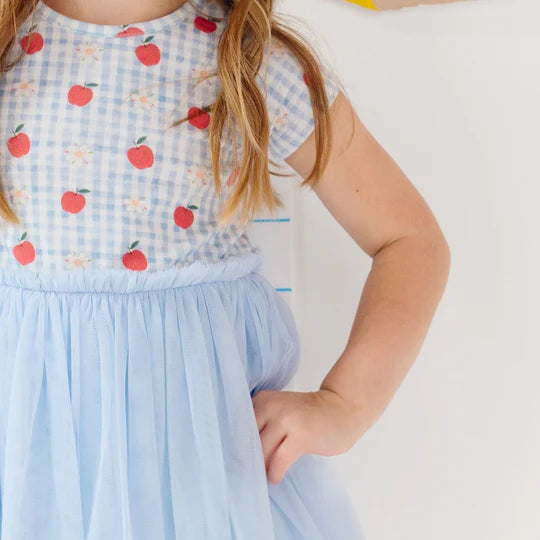 Blue gingham dress with apples on top and tutu skirt
