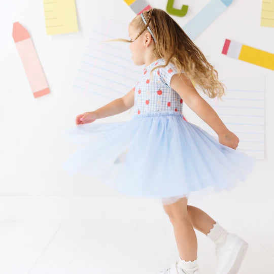 Blue gingham dress with apples on top and tutu skirt