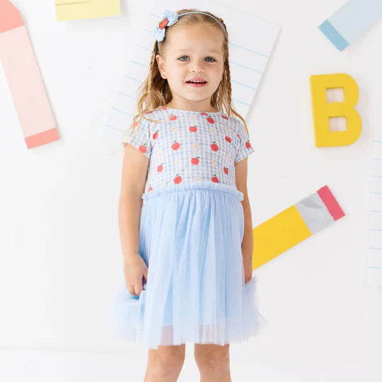Blue gingham dress with apples on top and tutu skirt