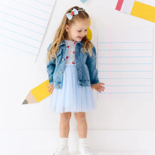 Blue gingham dress with apples on top and tutu skirt