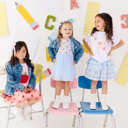 Blue gingham dress with apples on top and tutu skirt