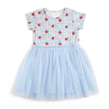 Blue gingham dress with apples on top and tutu skirt