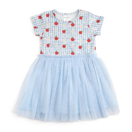 Blue gingham dress with apples on top and tutu skirt