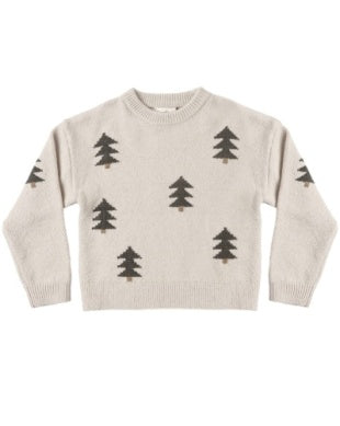 Beige sweater with Christmas tree patterns on a white background