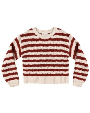 A long-sleeve knit sweater with horizontal stripes in dark red and cream, featuring ribbed cuffs, collar, and hem.