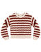 A long-sleeve knit sweater with horizontal stripes in dark red and cream, featuring ribbed cuffs, collar, and hem.