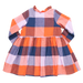 back of long sleeve dress with buttons down the front in orange, navy and pink checkered print