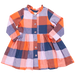 long sleeve dress with buttons down the front in orange, navy and pink checkered print