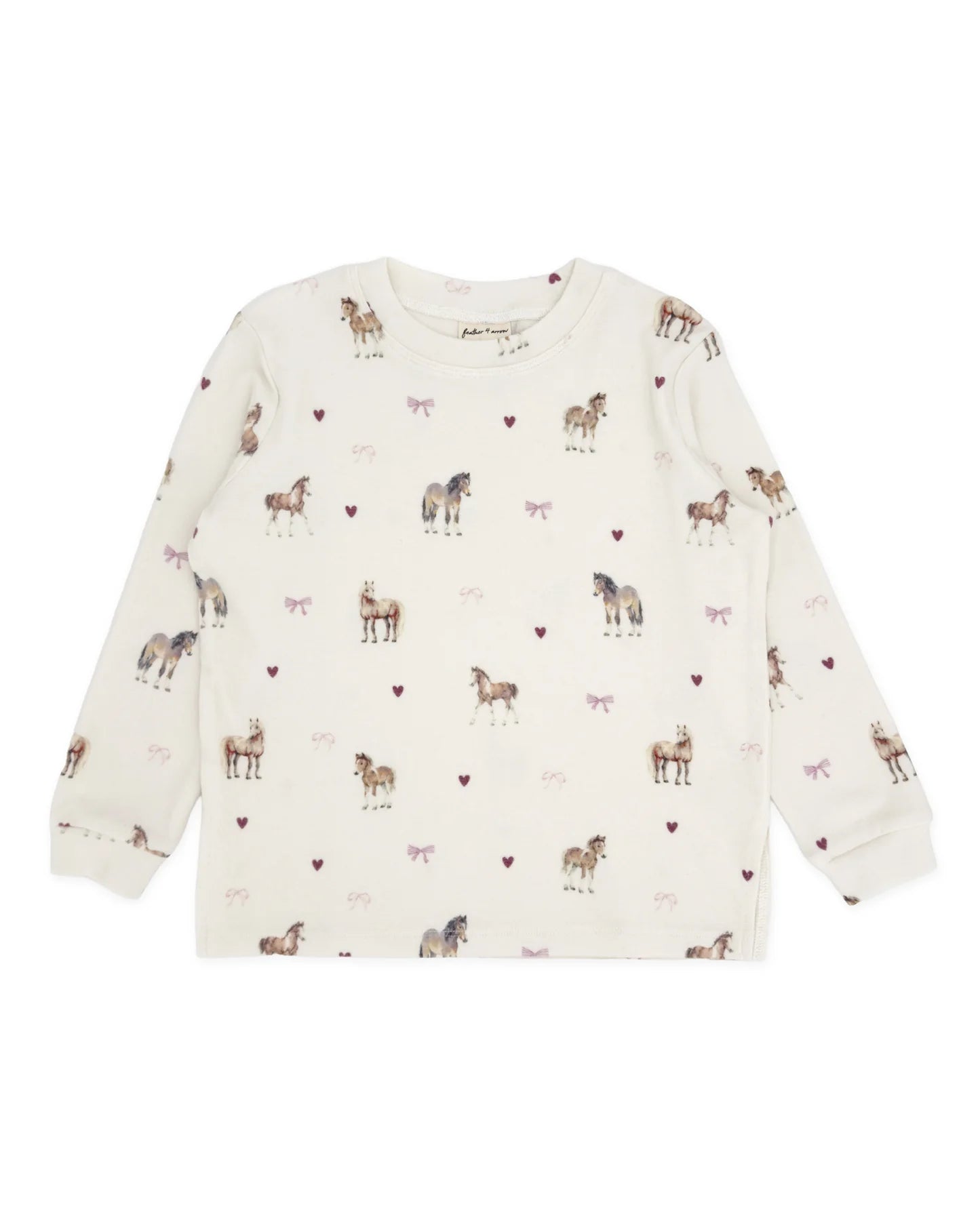An off-white long-sleeve crewneck shirt with an all-over print of horses, ponies, and small pink hearts, displayed flat against a white background.