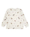 An off-white long-sleeve crewneck shirt with an all-over print of horses, ponies, and small pink hearts, displayed flat against a white background.