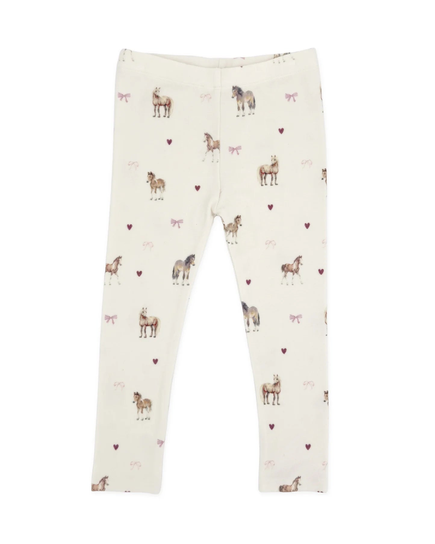 Off-white leggings with an all-over print of horses and small pink hearts, shown flat against a white background.