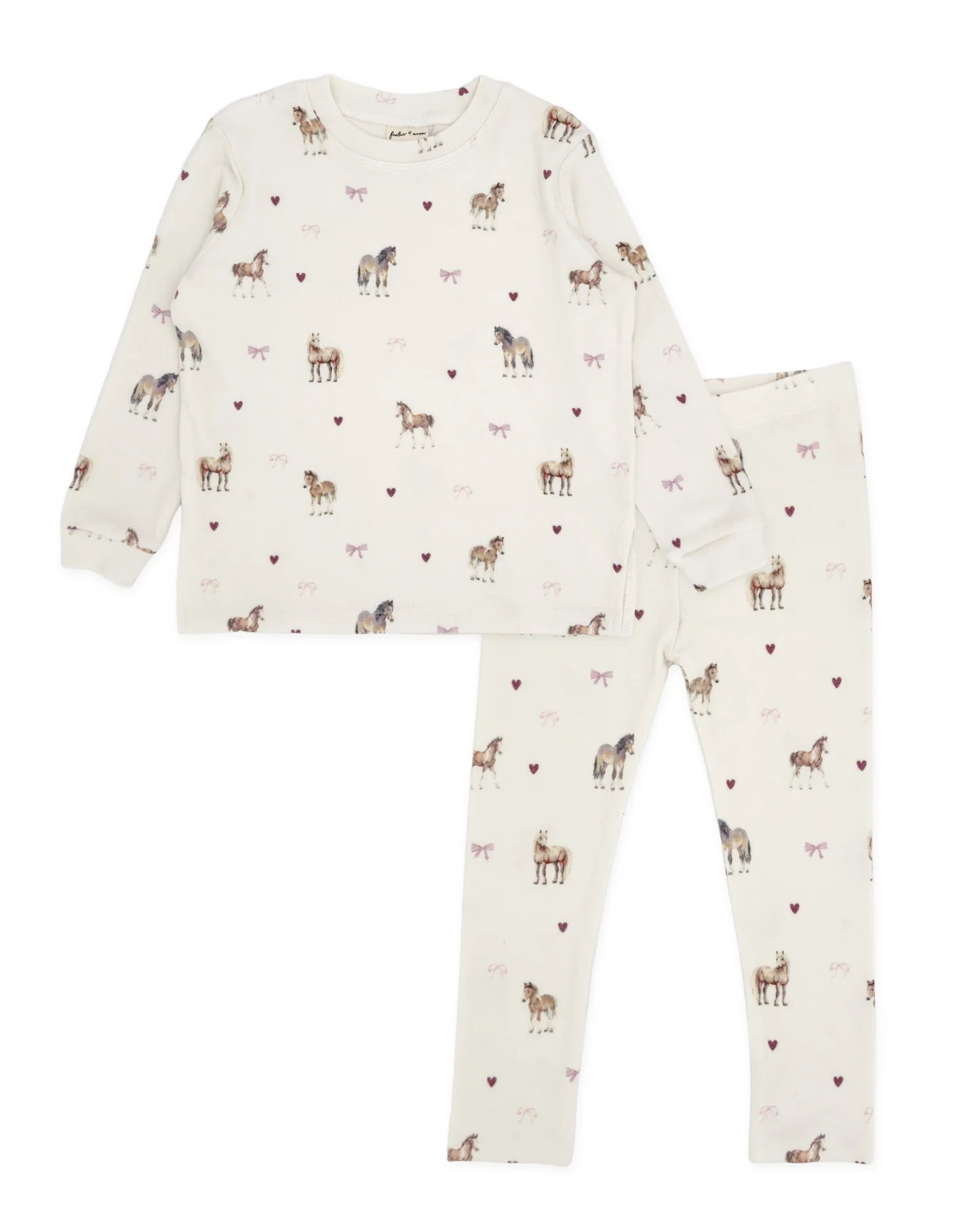 A two-piece children's sweatsuit featuring a long-sleeve top and matching leggings in an off-white color, both printed with a pattern of small horses and hearts.