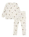 A two-piece children's sweatsuit featuring a long-sleeve top and matching leggings in an off-white color, both printed with a pattern of small horses and hearts.