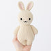 Knitted bunny toy held in a hand against a white background