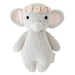 Knitted elephant toy with a flower crown on a white background