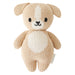 Knitted dog toy with a white belly on a white background