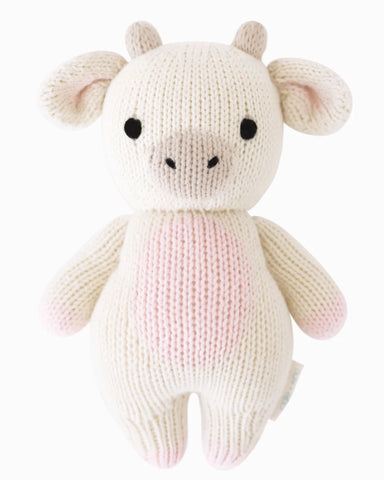 Knitted toy mouse with a pink belly on a white background