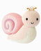 Knitted toy snail with a pink shell on a white background