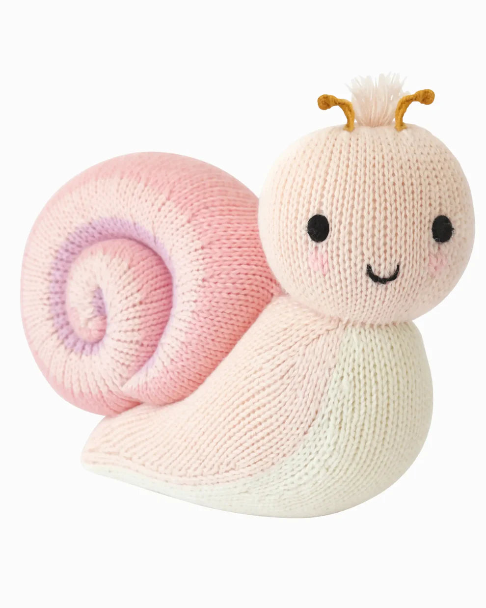 Knitted toy snail with a pink shell on a white background