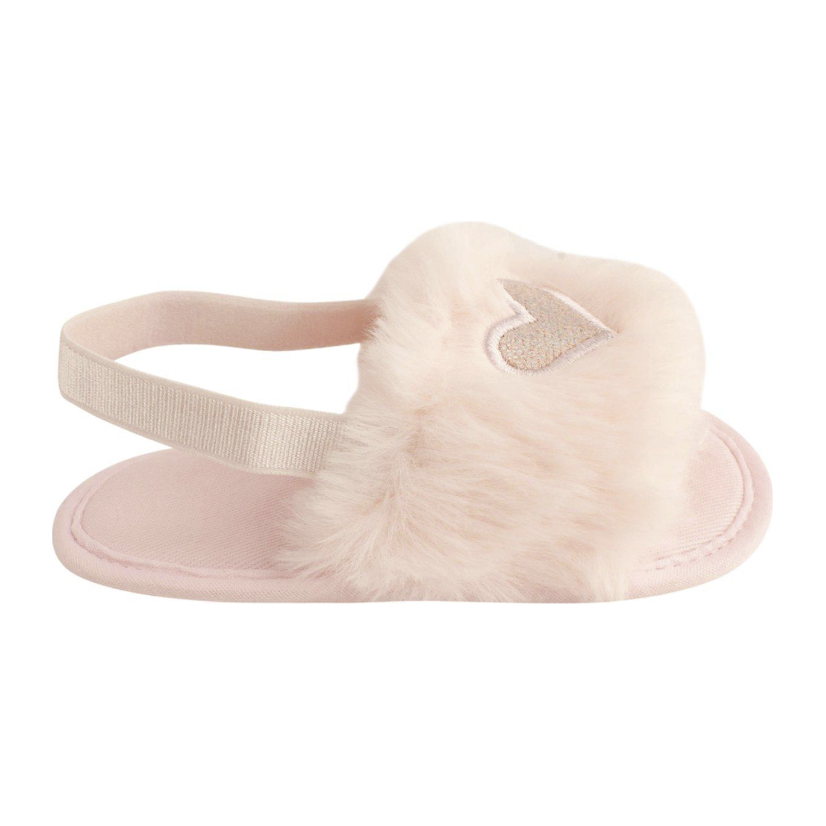 light pink fuzzy slippers with heart design