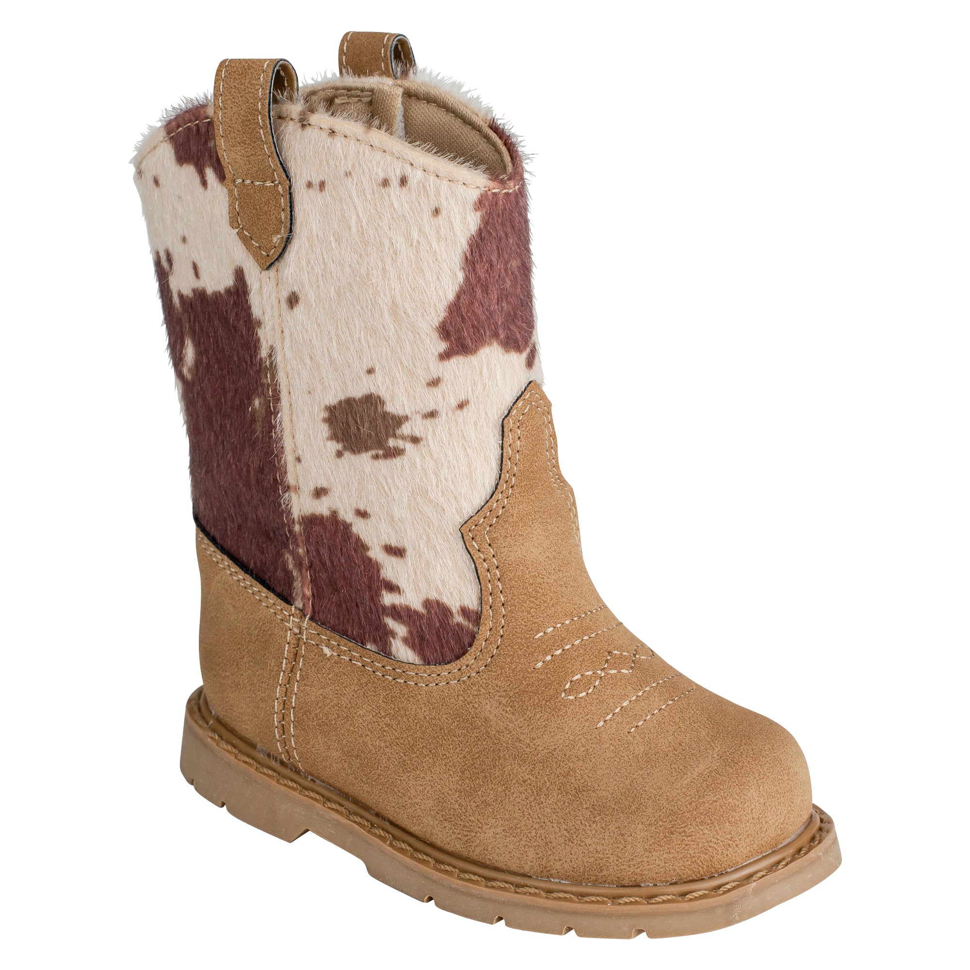 rounded toe brown cowboy boots with cowhide on the sides