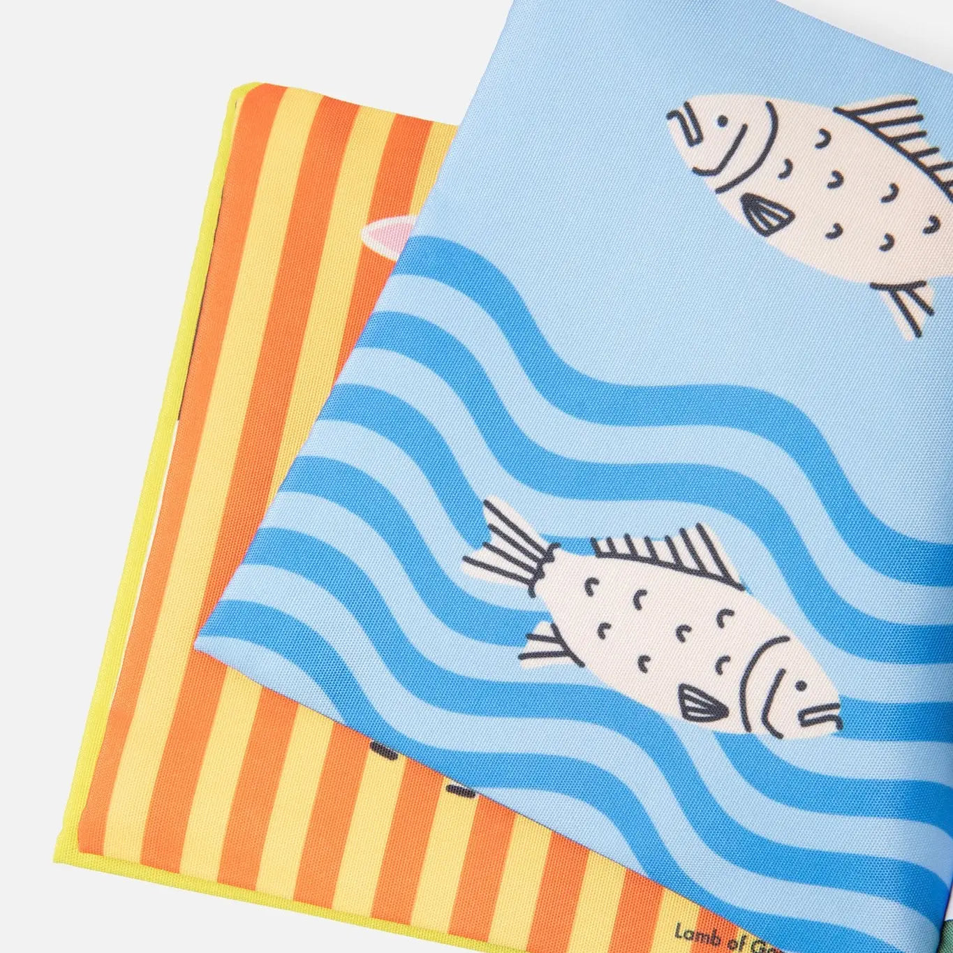 Two notebooks with fish illustrations on a blue and orange striped background