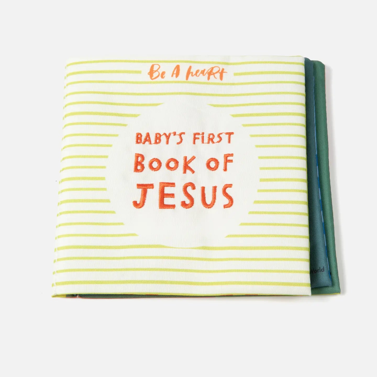 Book titled 'Baby's First Book of Jesus' with striped cover on a white background