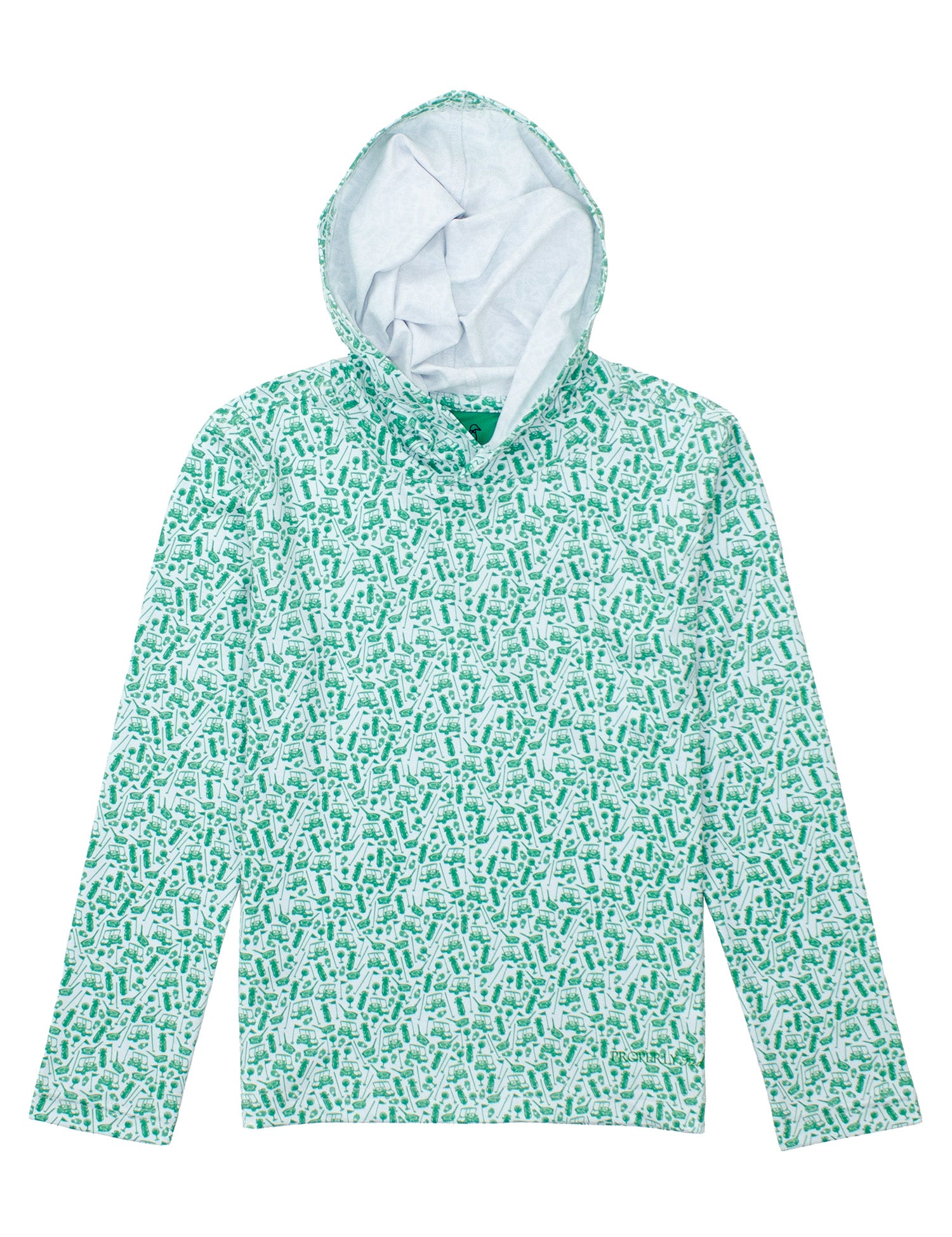 Green and white golf patterned hoodie on a white background
