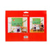 Packaging of a cross-stitch kit with classroom scene design on a red background.