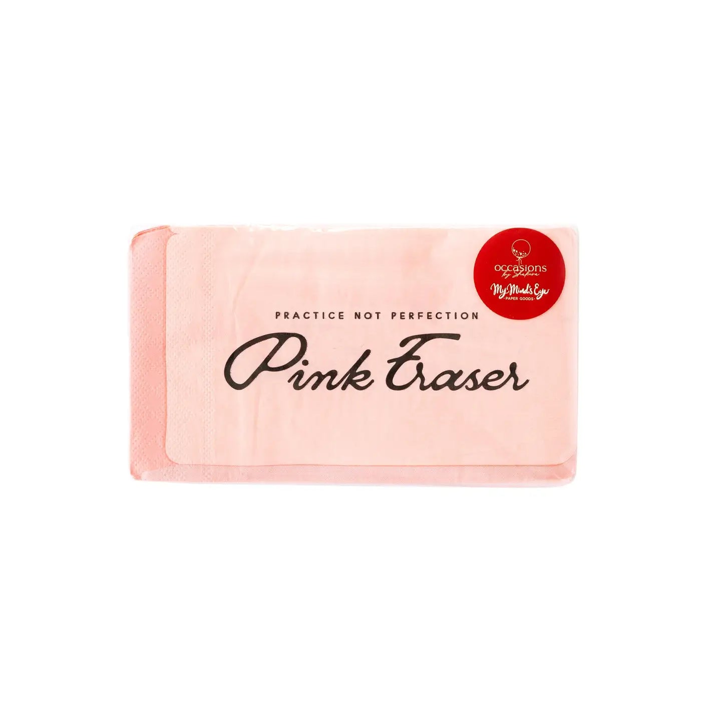 Pink eraser with 'Pink Eraser' branding on a white background