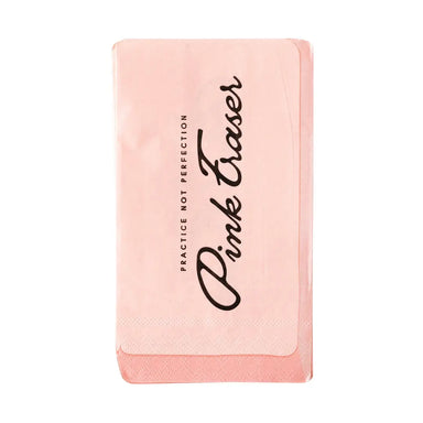 Pink eraser with 'Pink Eraser' branding and text on a white background