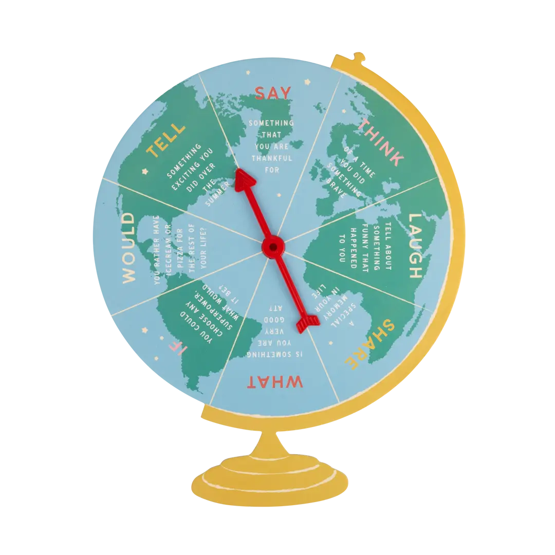 Globe with text prompts on a white background